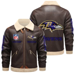 Baltimore Ravens PU Leather Fleece-Lined Bomber Jacket Winter Warm Coat Custom Text