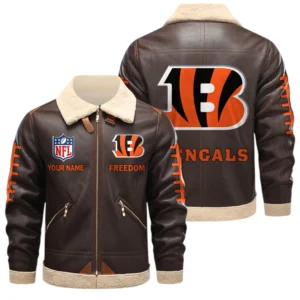 Cincinnati Bengals PU Leather Fleece-Lined Bomber Jacket Winter Warm Coat Custom Text