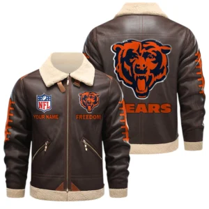 Chicago Bears PU Leather Fleece-Lined Bomber Jacket Winter Warm Coat Custom Text