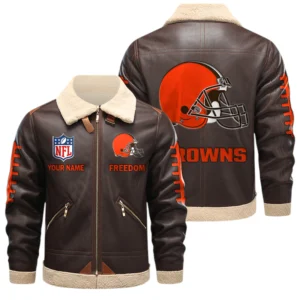 Cleveland Browns PU Leather Fleece-Lined Bomber Jacket Winter Warm Coat Custom Text