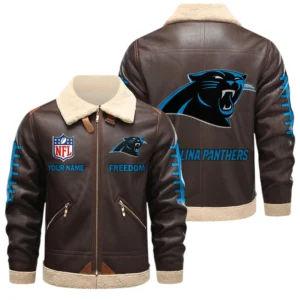Carolina Panthers PU Leather Fleece-Lined Bomber Jacket Winter Warm Coat Custom Text