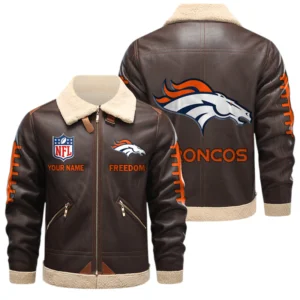 Denver Broncos PU Leather Fleece-Lined Bomber Jacket Winter Warm Coat Custom Text