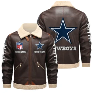 Dallas Cowboys PU Leather Fleece-Lined Bomber Jacket Winter Warm Coat Custom Text