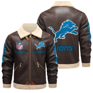 Detroit Lions PU Leather Fleece-Lined Bomber Jacket Winter Warm Coat Custom Text