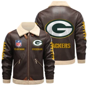 Green Bay Packers PU Leather Fleece-Lined Bomber Jacket Winter Warm Coat Custom Text