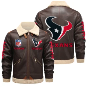 Houston Texans PU Leather Fleece-Lined Bomber Jacket Winter Warm Coat Custom Text