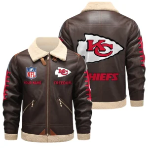 Kansas City Chiefs PU Leather Fleece-Lined Bomber Jacket Winter Warm Coat Custom Text