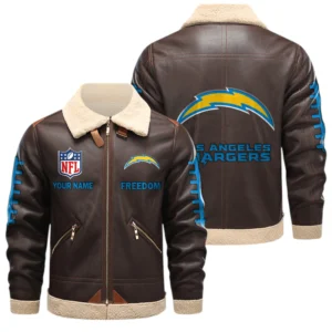 Los Angeles Chargers PU Leather Fleece-Lined Bomber Jacket Winter Warm Coat Custom Text