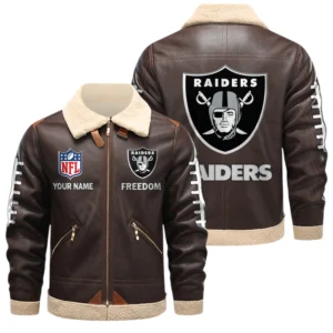Las Vegas Raiders PU Leather Fleece-Lined Bomber Jacket Winter Warm Coat Custom Text