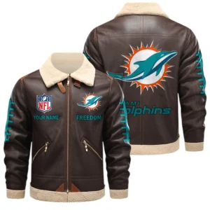 Miami Dolphins PU Leather Fleece-Lined Bomber Jacket Winter Warm Coat Custom Text