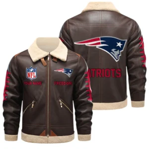 New England Patriots PU Leather Fleece-Lined Bomber Jacket Winter Warm Coat Custom Text