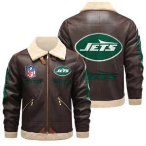 New York Jets PU Leather Fleece-Lined Bomber Jacket Winter Warm Coat Custom Text