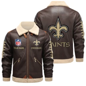 New Orleans Saints PU Leather Fleece-Lined Bomber Jacket Winter Warm Coat Custom Text