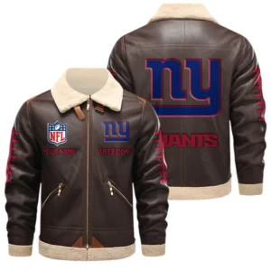 New York Giants PU Leather Fleece-Lined Bomber Jacket Winter Warm Coat Custom Text