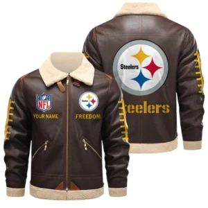 Pittsburgh Steelers PU Leather Fleece-Lined Bomber Jacket Winter Warm Coat Custom Text