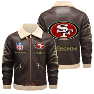 San Francisco 49ers PU Leather Fleece-Lined Bomber Jacket Winter Warm Coat Custom Text
