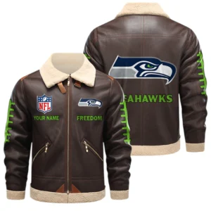 Seattle Seahawks PU Leather Fleece-Lined Bomber Jacket Winter Warm Coat Custom Text