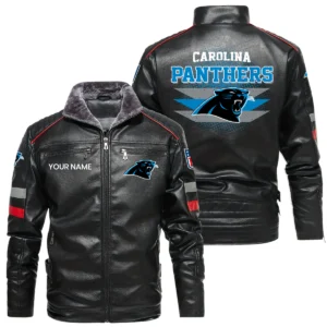 Carolina Panthers PU Leather Jacket Fur Lining, Stand Collar Custom Name