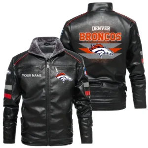 Denver Broncos PU Leather Jacket Fur Lining, Stand Collar Custom Name