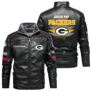 Green Bay Packers PU Leather Jacket Fur Lining, Stand Collar Custom Name
