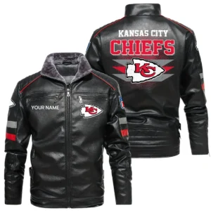 Kansas City Chiefs PU Leather Jacket Fur Lining, Stand Collar Custom Name