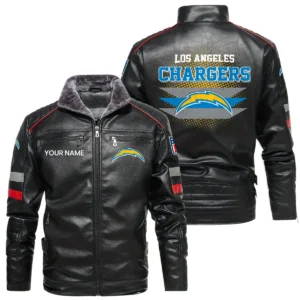Los Angeles Chargers PU Leather Jacket Fur Lining, Stand Collar Custom Name