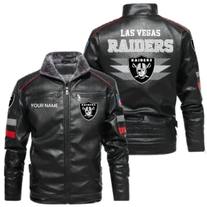 Las Vegas Raiders PU Leather Jacket Fur Lining, Stand Collar Custom Name