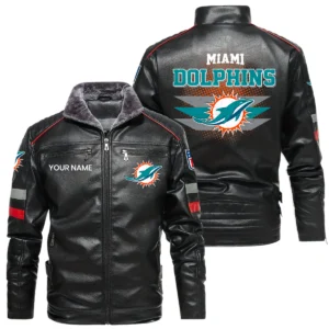 Miami Dolphins PU Leather Jacket Fur Lining, Stand Collar Custom Name