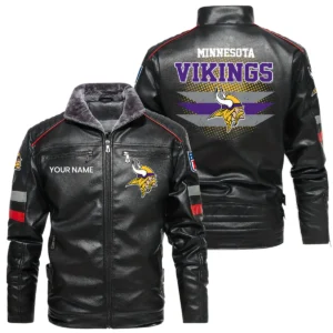 Minnesota Vikings PU Leather Jacket Fur Lining, Stand Collar Custom Name