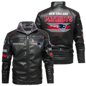 New England Patriots PU Leather Jacket Fur Lining, Stand Collar Custom Name