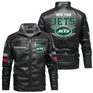 New York Jets PU Leather Jacket Fur Lining, Stand Collar Custom Name