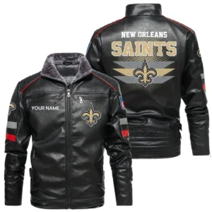 New Orleans Saints PU Leather Jacket Fur Lining, Stand Collar Custom Name