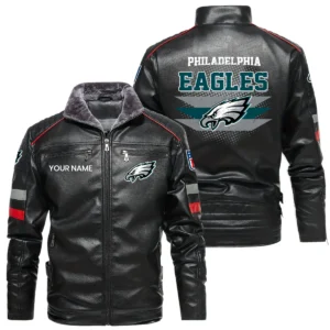 Philadelphia Eagles PU Leather Jacket Fur Lining, Stand Collar Custom Name