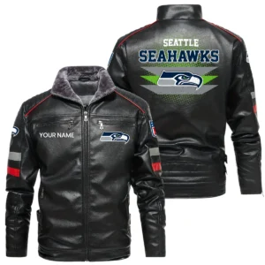 Seattle Seahawks PU Leather Jacket Fur Lining, Stand Collar Custom Name