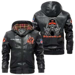 Cincinnati Bengals PU Leather Jacket with Hood, Soft Checkered Interior Custom Name