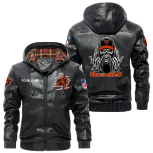 Chicago Bears PU Leather Jacket with Hood, Soft Checkered Interior Custom Name