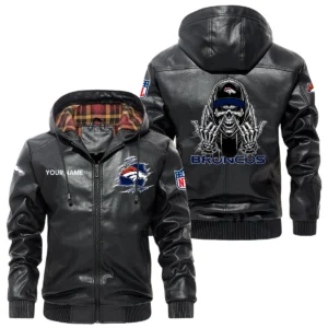 Denver Broncos PU Leather Jacket with Hood, Soft Checkered Interior Custom Name