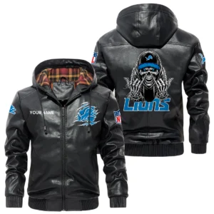 Detroit Lions PU Leather Jacket with Hood, Soft Checkered Interior Custom Name