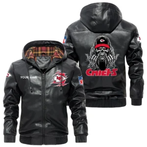 Kansas City Chiefs PU Leather Jacket with Hood, Soft Checkered Interior Custom Name