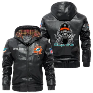 Miami Dolphins PU Leather Jacket with Hood, Soft Checkered Interior Custom Name
