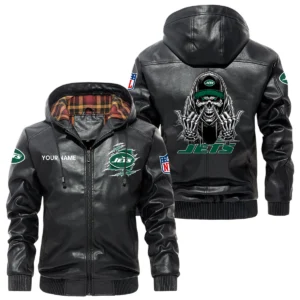 New York Jets PU Leather Jacket with Hood, Soft Checkered Interior Custom Name