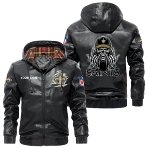New Orleans Saints PU Leather Jacket with Hood, Soft Checkered Interior Custom Name