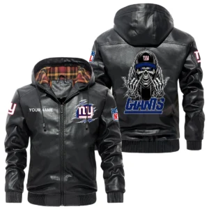 New York Giants PU Leather Jacket with Hood, Soft Checkered Interior Custom Name