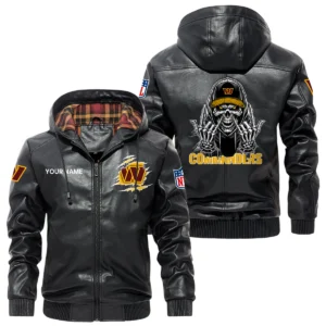 Washington Commanders PU Leather Jacket with Hood, Soft Checkered Interior Custom Name