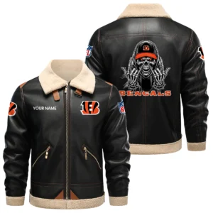 Cincinnati Bengals PU Leather Fleece-Lined Bomber Jacket Winter Warm Coat Personalized Name