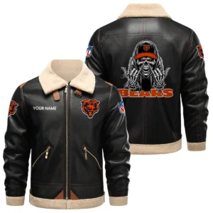 Chicago Bears PU Leather Fleece-Lined Bomber Jacket Winter Warm Coat Personalized Name