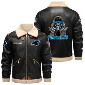 Carolina Panthers PU Leather Fleece-Lined Bomber Jacket Winter Warm Coat Personalized Name
