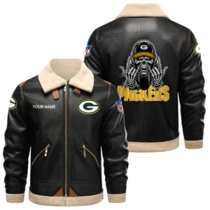 Green Bay Packers PU Leather Fleece-Lined Bomber Jacket Winter Warm Coat Personalized Name
