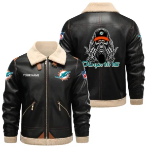 Miami Dolphins PU Leather Fleece-Lined Bomber Jacket Winter Warm Coat Personalized Name