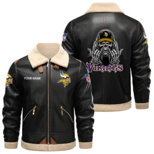 Minnesota Vikings PU Leather Fleece-Lined Bomber Jacket Winter Warm Coat Personalized Name